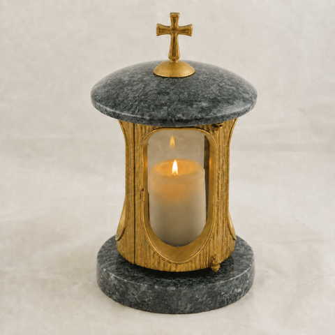 Runde Granit-Grablampe mit Kreuz – messingfarben – Höhe 28cm Ø 15cm
