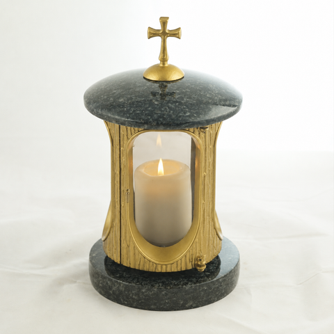 Runde Granit-Grablampe mit Kreuz – messingfarben – Höhe 28cm Ø 15cm