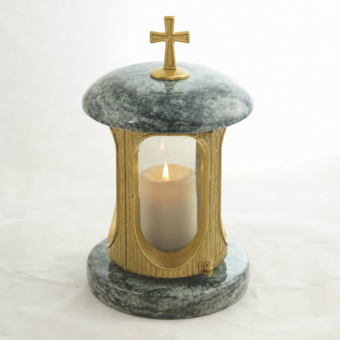 Runde Granit-Grablampe mit Kreuz – messingfarben – Höhe 28cm Ø 15cm