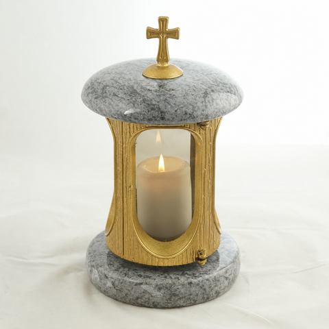 Runde Granit-Grablampe Gold mit Kreuz – Höhe 28cm Ø 15cm