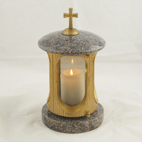 Runde Granit-Grablampe Gold mit Kreuz – Höhe 28cm Ø 15cm