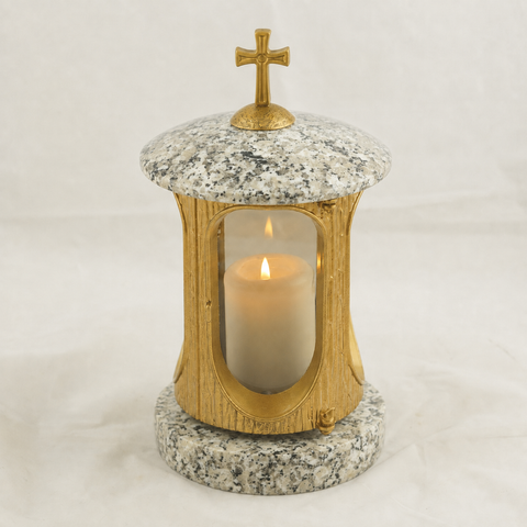 Runde Granit-Grablampe Gold mit Kreuz – Höhe 28cm Ø 15cm