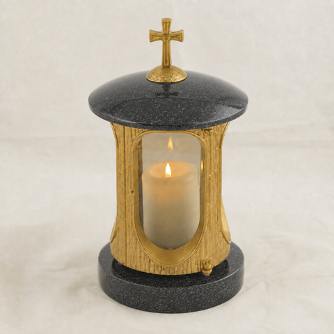 Runde Granit-Grablampe Gold mit Kreuz – Höhe 28cm Ø 15cm