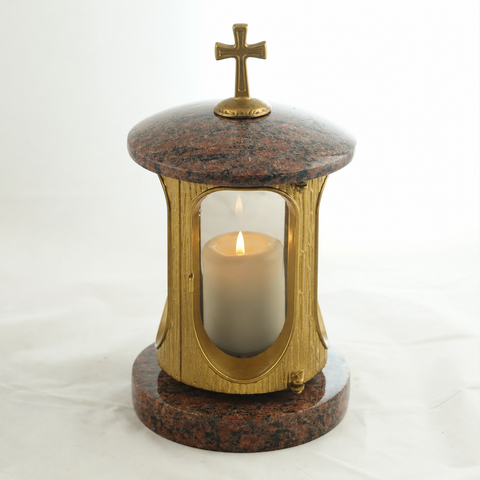 Runde Granit-Grablampe Gold mit Kreuz – Höhe 28cm Ø 15cm