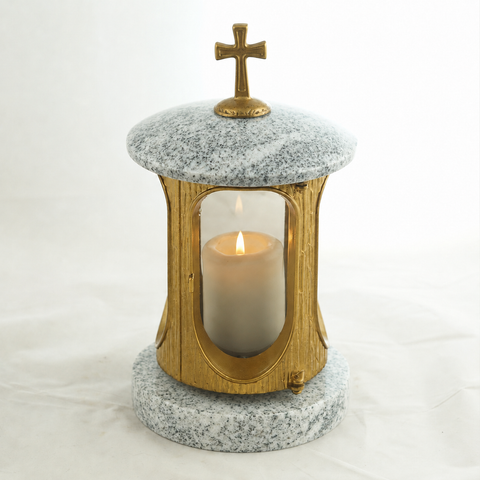 Runde Granit-Grablampe Gold mit Kreuz – Höhe 28cm Ø 15cm