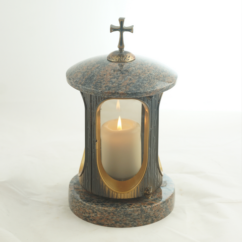 Round grave lamp made of polished granite with cross – brass body – height approx. 22 cm (with cross approx. 28 cm), Ø approx. 15 cm