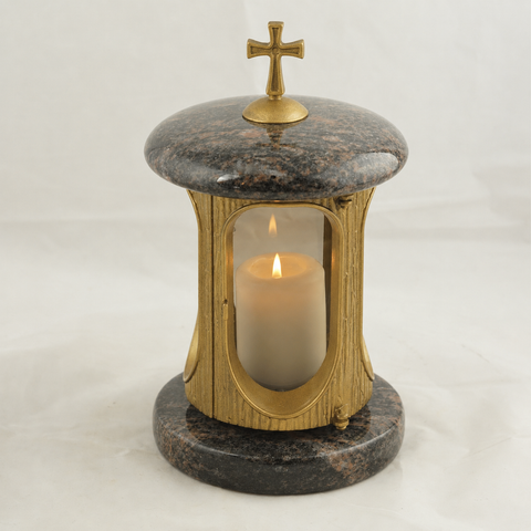 Runde Granit-Grablampe mit Kreuz – messingfarben – Höhe 28cm Ø 15cm