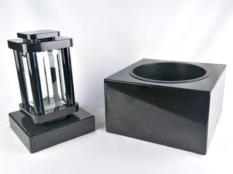 Set Schwedisch – schwarz Grablampe Modern 25,5 cm mit quadratischer Grabschale Karree aus Granit Schwedisch Schwarz
