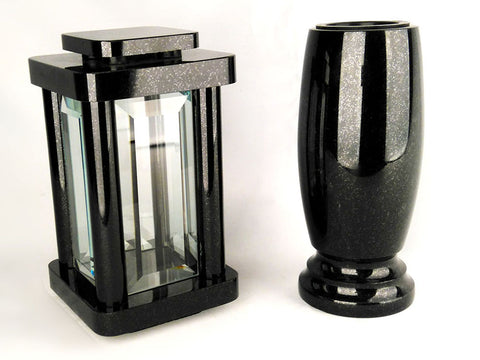 Set Schwedisch – schwarz Grablampe Modern 25,5 cm mit Grabvase Classico Medium 25 cm aus Granit Schwedisch Schwarz