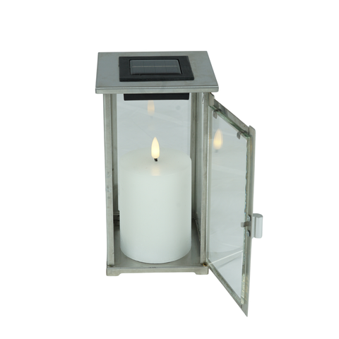 designgrab Solenara Solar-Grablaterne aus Edelstahl silber mit Klarglas, wechselbarem Solarmodul und gebohrtem Boden, 11,5 × 11,5 × 20,5 cm