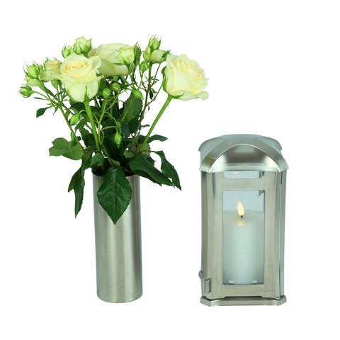 Grablampe Venezia & Edelstahlvase – facettiertes Glas, handgefertigt & wetterfest
